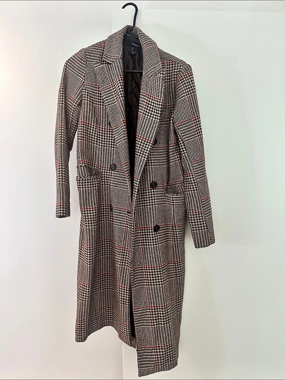 Forever 21 Houndstooth Long Coat in Brown & Black